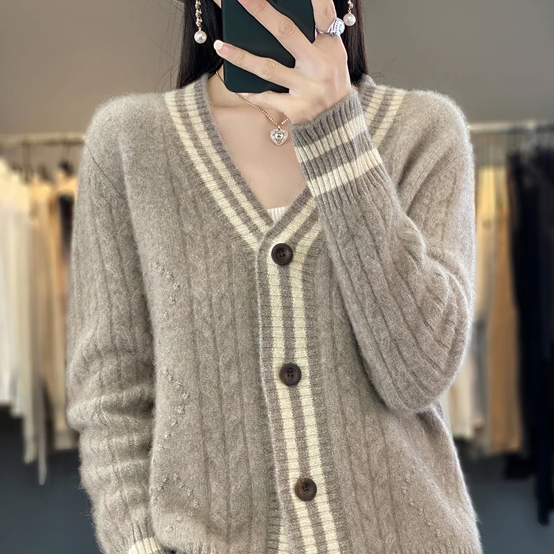 

2023 Autumn New 100% Pure Wool Sweater Women V-Neck Cashmere Cardigan Long Sleeve Large Size Knitted Jacket Female Thicken Shirt