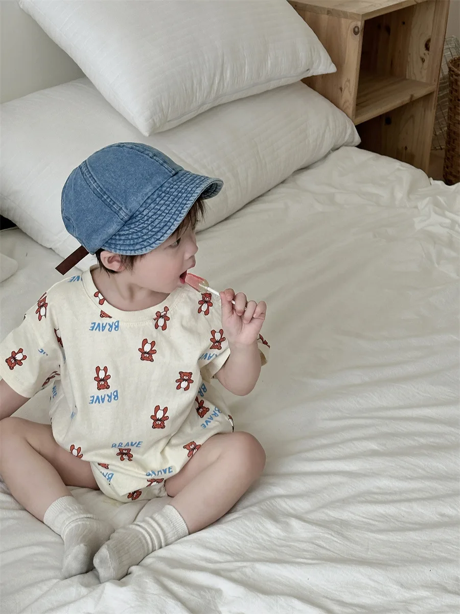 

2024 Summer New Baby Short Sleeve Bodysuit Cotton Boy Girl Newborn Cartoon Print Jumpsuit Infant Toddler Casual Clothes 0-24M