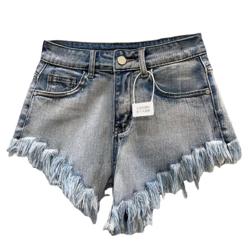 2024 Summer New Niche Hot Girl Beveled Raw Edge Distressed Washed Gradient Three Points Denim Shorts for Women Street Hot Pants