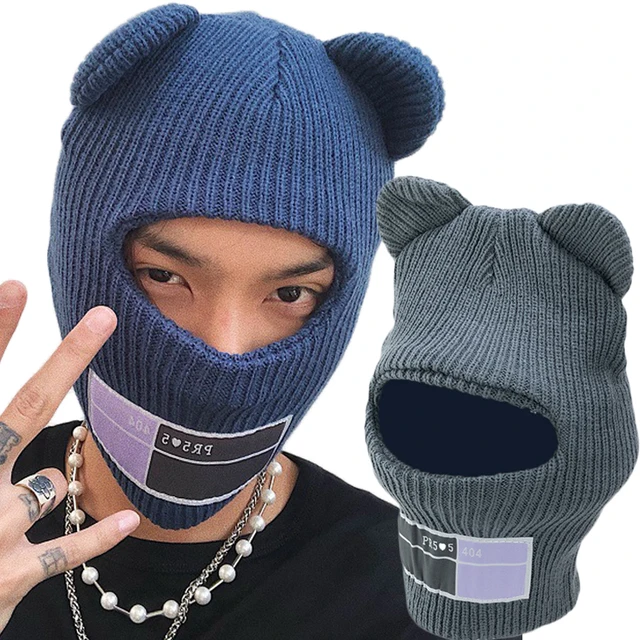 Yirtree Balaclava Ski Mask, Bear Ears Solid Color Knitted Neck