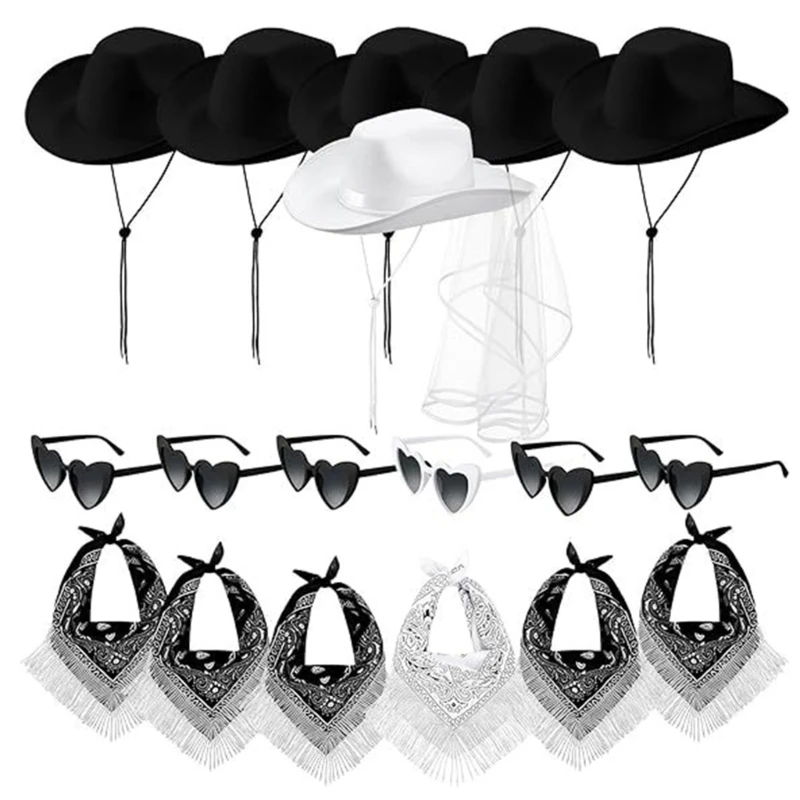 

Adult Heart Sunglasses+Cashew Kerchief+Cowboy Hat Set Carnival Sunproof Bride Cowboy Hat with Tassels Decor 6set/pack