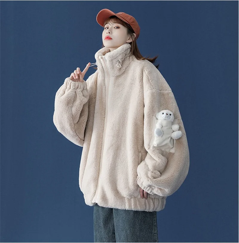 

Fur Coat Women Winter Loose Stand-up Collar Lovely Bear Jackets Cotton-padded Jacket Fleece Fluff Coats Lady Warm Outerwear