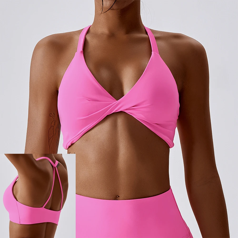 Sports Bras for Women Crop Top Sexy Dark V Yoga Bra Cross Sport Bra Halter Neck Gym Fitness Workout Training Underwear Padded
