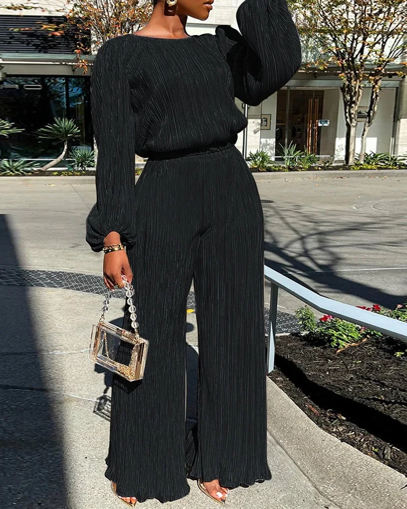 

Casual Women Round Neck Long Sleeve Top & Wide Leg Pants Set Fashion Loose Two Piece Suit Sets Solid Color Daily Wear