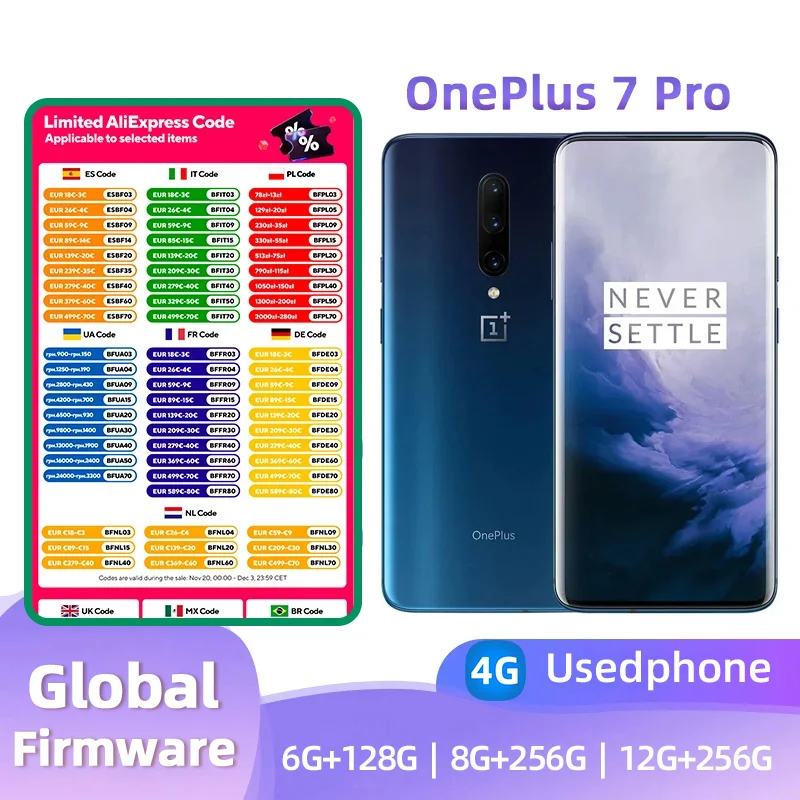 Oneplus 7 Pro 4G Mobile Phone 6.67" 8GB RAM 256GB Dual SIM Card Screen Snapdragon 855 Original Android Used Phone