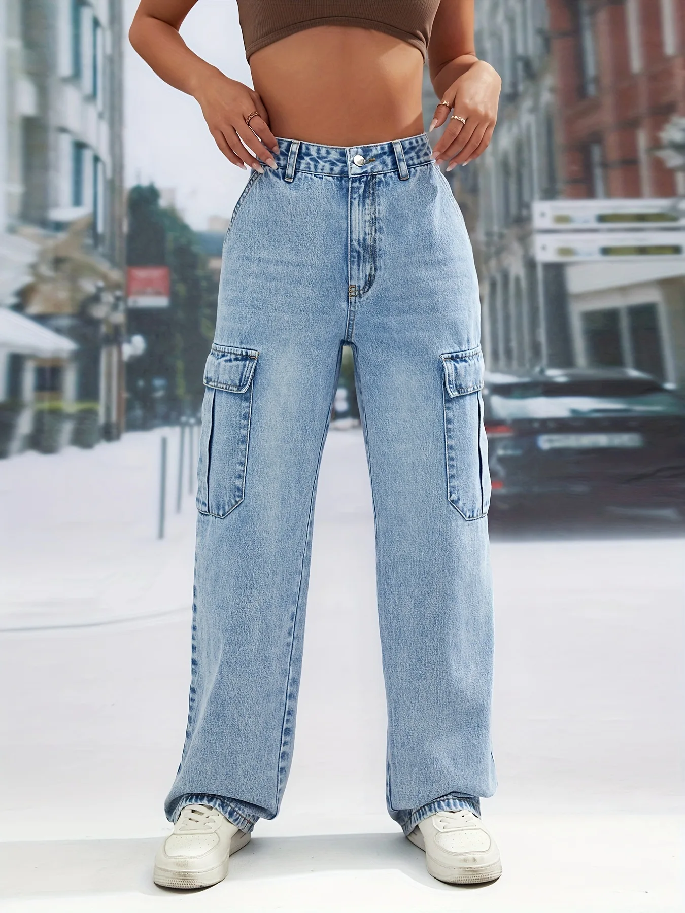 

Women's Large Pocket High Waist Casual Straight Denim Jeans