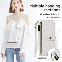 Rhombic Zipper Crossbody Wallet Case with Card Slots and Long Lanyard - Leather Cover - Galaxy Z Fold 7 (White)