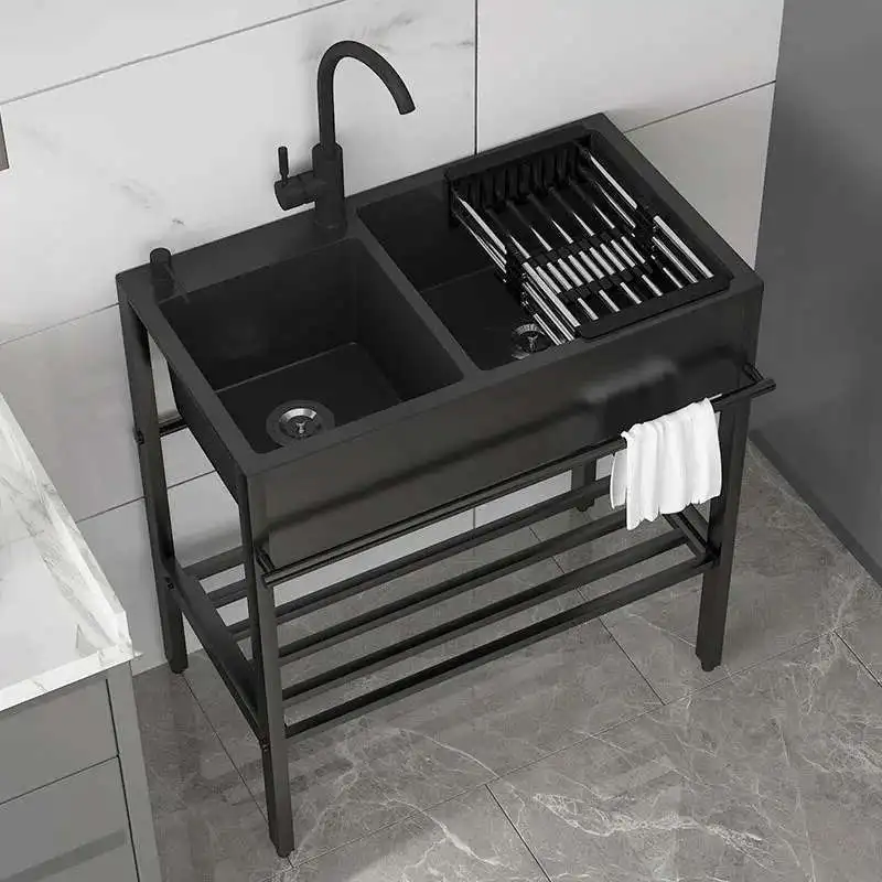 วงเล็บอ่างล้างหน้าแบบบูรณาการพร้อมอ่างล้างจานสแตนเลส อ่างล้างจานขนาดใหญ่ ระเบียงตั้งพื้น อ่างล้างจานคู่ 1