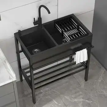 วงเล็บอ่างล้างหน้าแบบบูรณาการพร้อมอ่างล้างจานสแตนเลส อ่างล้างจานขนาดใหญ่ ระเบียงตั้งพื้น อ่างล้างจานคู่ 1