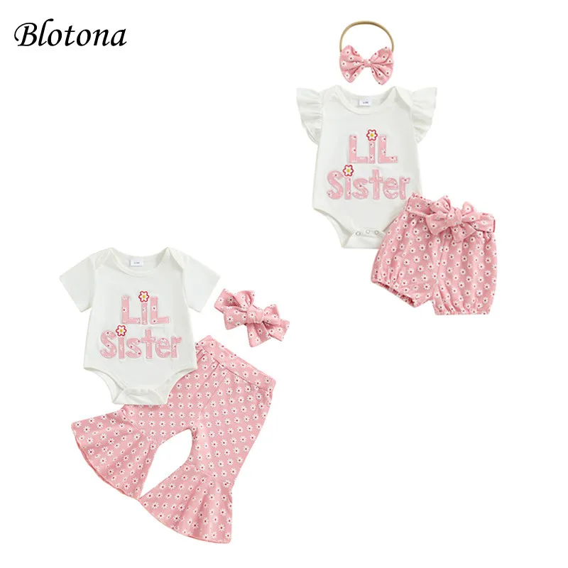 

Blotona Baby Girl Summer Outfits Letter Embroidery Fly Sleeve Romper with Floral Belted Shorts/Flared Pants and Bow Headband