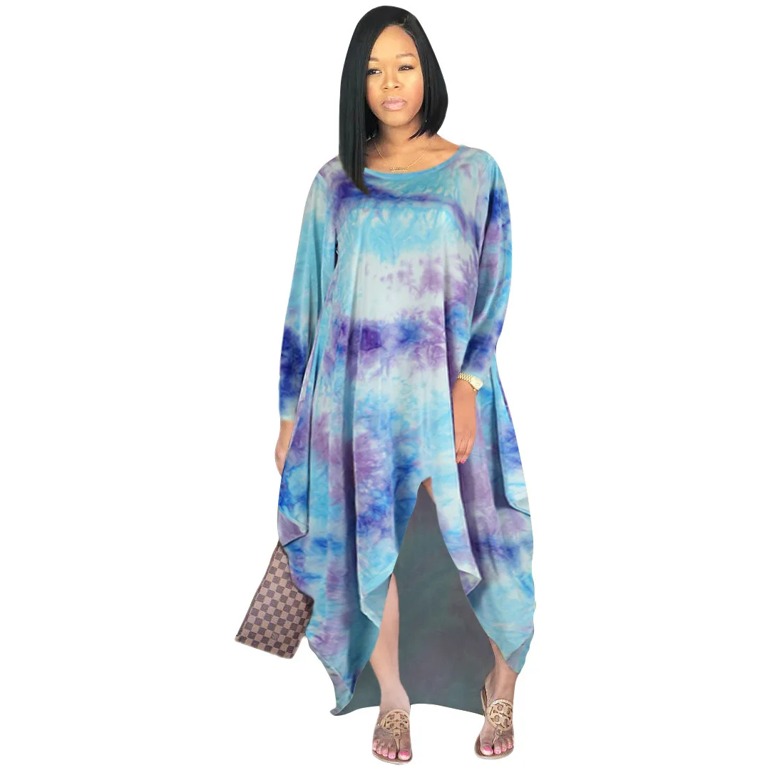 FNOCE Tie-dye T-shirt Dress Loose Urban Casual Imple Comfortable Home Pullover Long Sleeve Irregular Dress Women's Autumn Winter