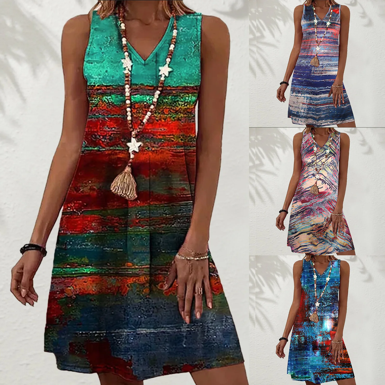 

Summer Elegant Women's Clothing Casual Loose V Neck Sleeveless Pullover Dress Sexy Fashion Print Bohemia Beach Vest Tank Dresses