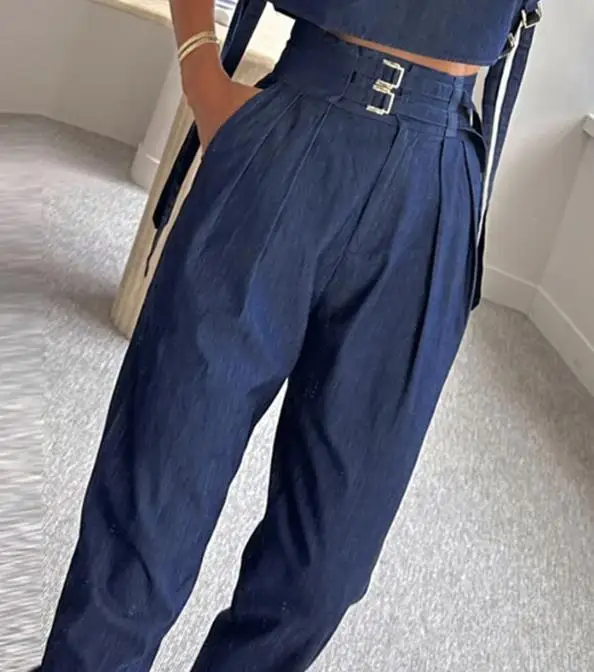 2024 Women's Summer Set Short Tank Top Casual Belt Decoration High Neck Short Sleeve and Long Pants Slim Fit Long Set