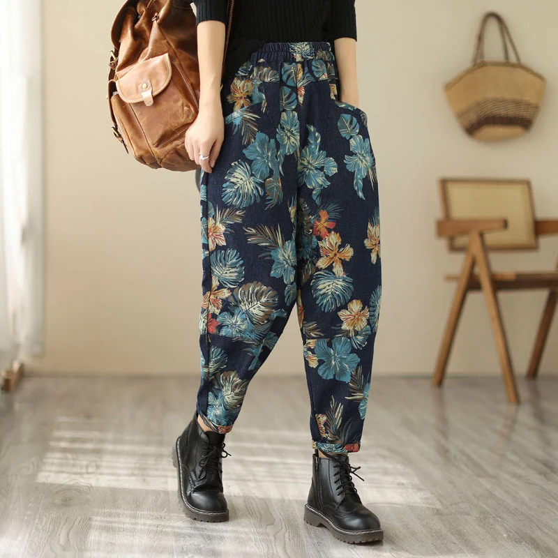 High Waist Baggy Jeans For Women New Korean Fashion Streetwear Vintage Floral Print Loose Female Denim Harem Cropped  Pants