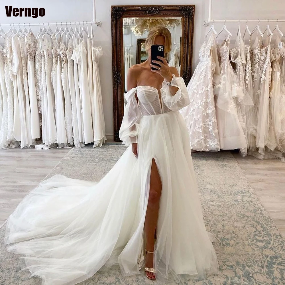 

Verngo A-line Tulle Wedding Dresses Sweetheart Off Shoulder Long Sleeves Bride Gown Elegant Split Wedding Gown for Women 2024