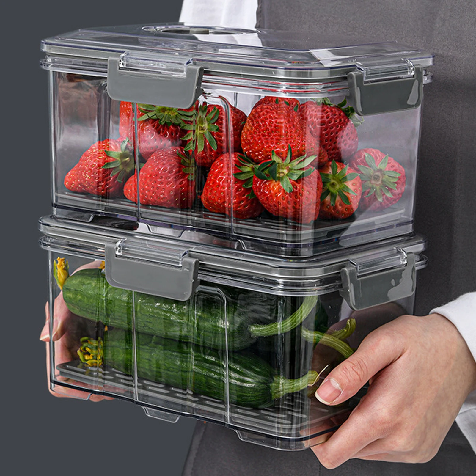 Vacuum Food Storage Container Transparent Fridge Organizer with Drain Net Large Capacity Food Dispenser for Kitchen Storage Box 5