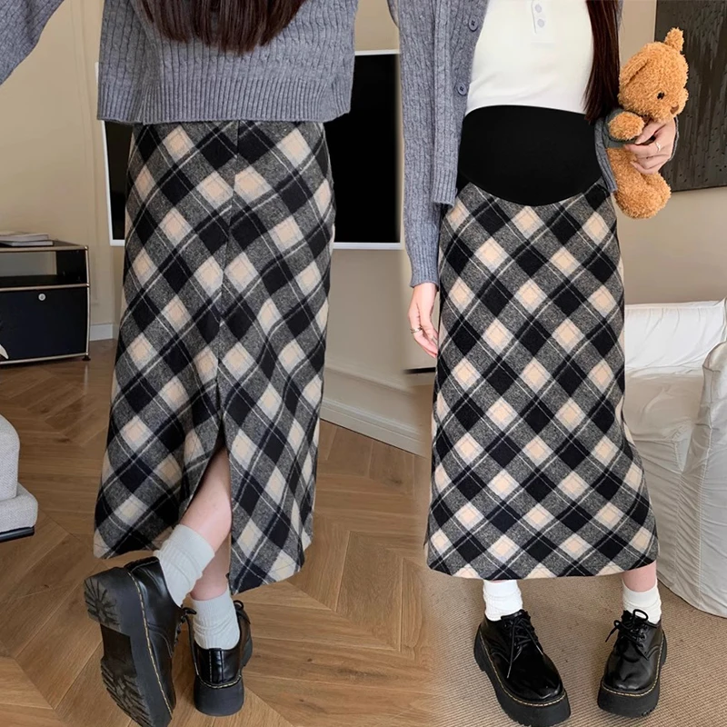 Autumn Winter Vintage Check Woolen Skirts for Maternity Elastic Waist Plaid Pencil Long Bottoms for Pregnant Women Pregnancy