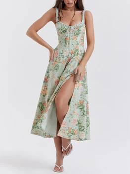 Women Summer Casual Midi Dress Floral Print Low-Cut Sleeveless Sling Sweet Dress Fashion Backless Temperament Dress 3