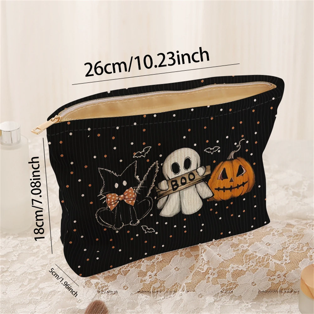 1 pumpkin and ghost patterned corduroy makeup bag, lightweight zipper makeup storage box, multifunctional bag with lining