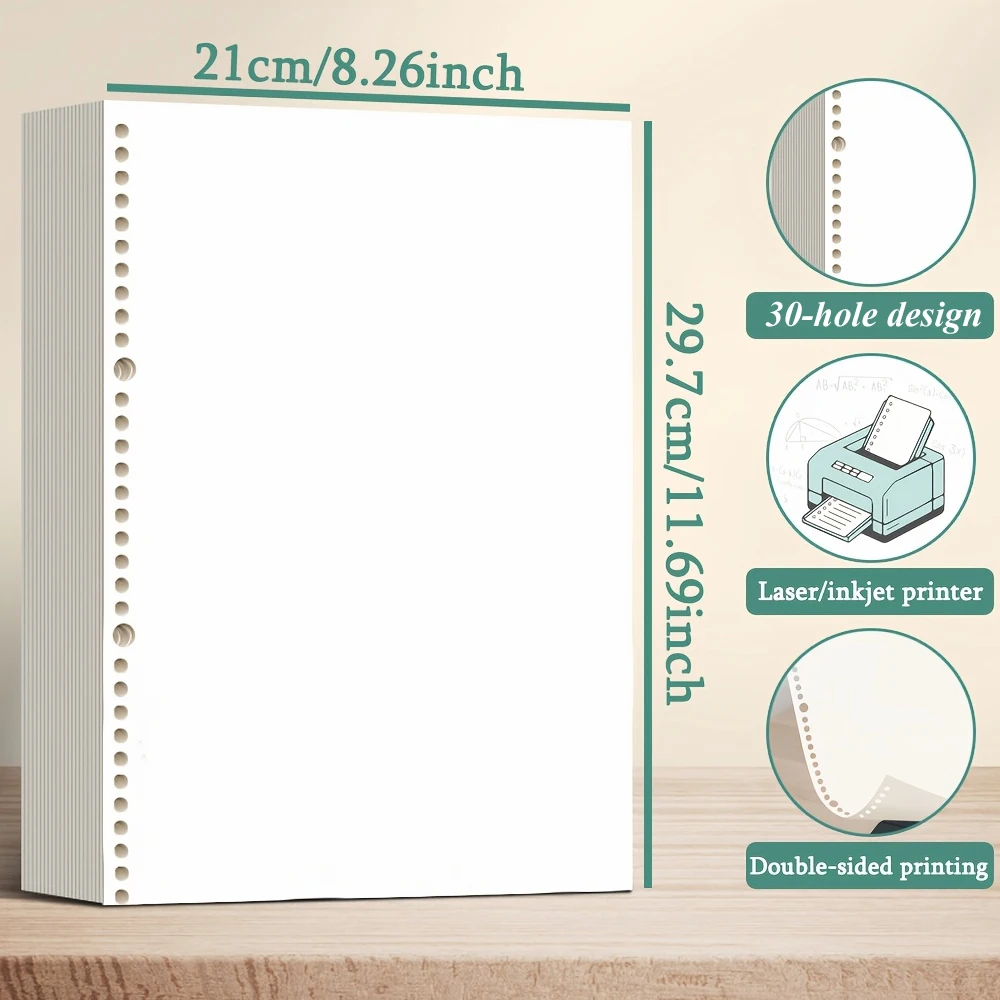 100매 A4 루즈리프 용지 30홀 펀칭 80 GSM 레이저 및 잉크젯 프린터용 빈 페이지 사무용품 액세서리