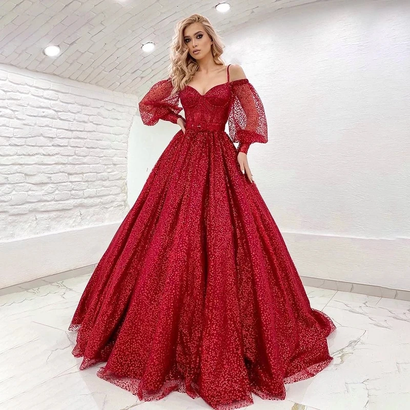 

Charming Red 2023 Prom Dresses Off The Shoulder Long Sleeves Sparkly Formal Evening Gowns Arabic Dubai Night Party Outfits