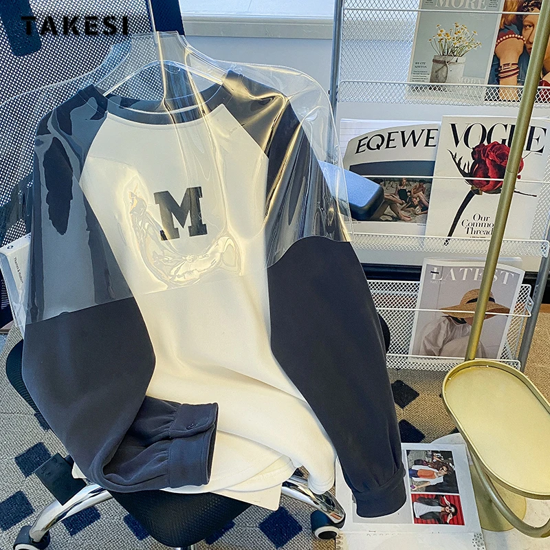 

2023 Spring Women's Basics Long Sleeve Patchwork Sweatshirts Autumn Korean Style Letter Print Top Female Loose Fit Hoodies