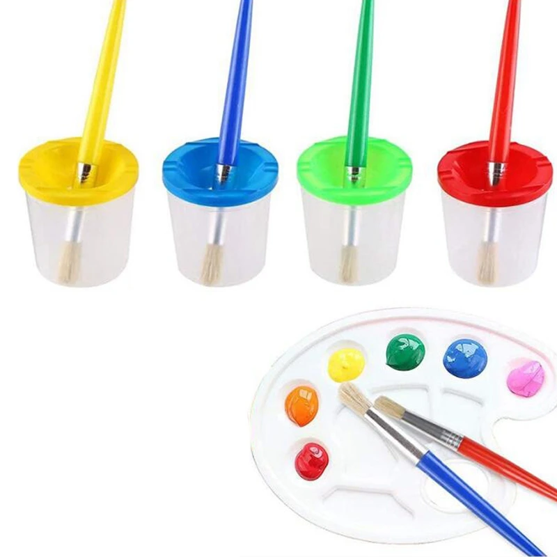 Copos de pintura com pincéis e bandeja de pintura, Copos de pintura com tampas para crianças, pintura artística, sem derramamento, paleta, 18 pcs