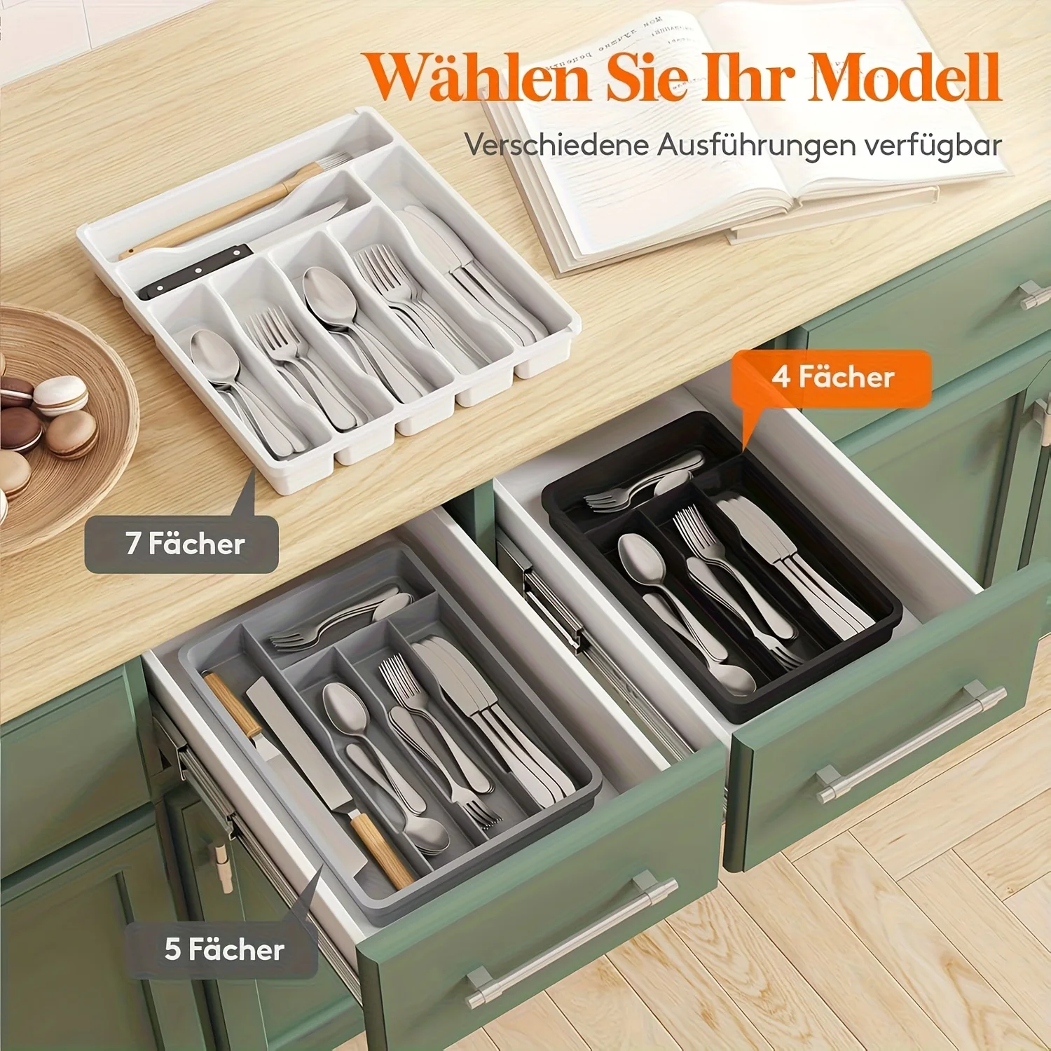 4-Fach Kunststoff-Besteckkasten-Organizer, Silberbesteckhalter für Küchenschubladen, Schwarz, Rutschfeste Utensilienaufbewahrung für Gabeln, Löffel, Messer – Detail 4