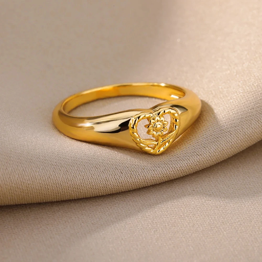 Sunflower Heart Rings For Women Gold Color Stainless Steel Finger Ring