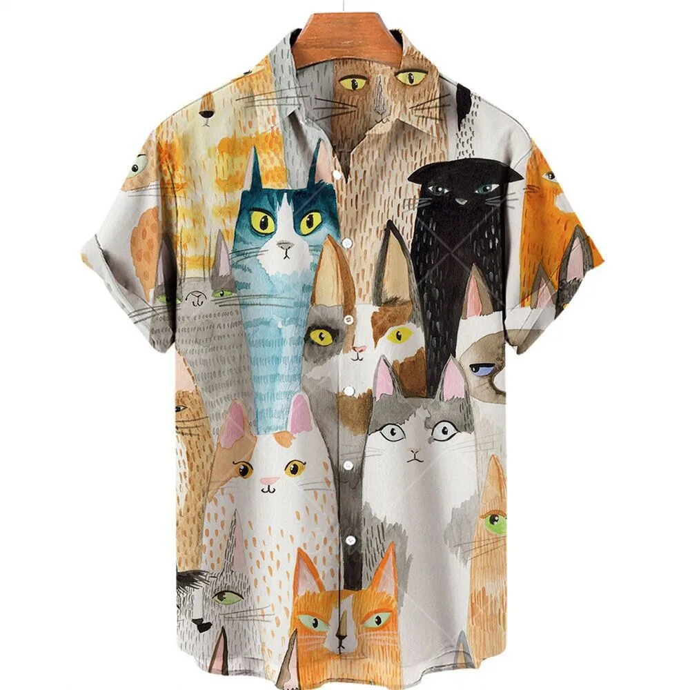 

2023 Hot Fashion Spring Summer Selling New Cartoon Cute Cat 3D Digital Printed Men's Casual Shirt Home Couple Pajama Shirts Tops