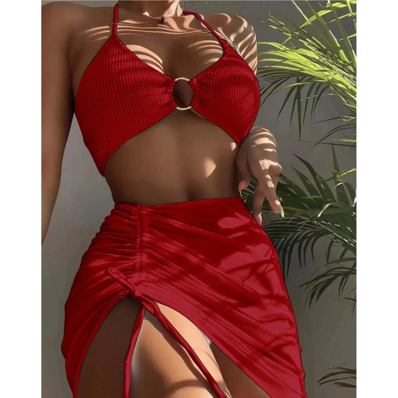 

New High Elastic Bikini Set For 2024 Summer Three-Piece Solid Color Lace-Up Sexy Women Swimsuit Beach Bathing Suit Swimwear