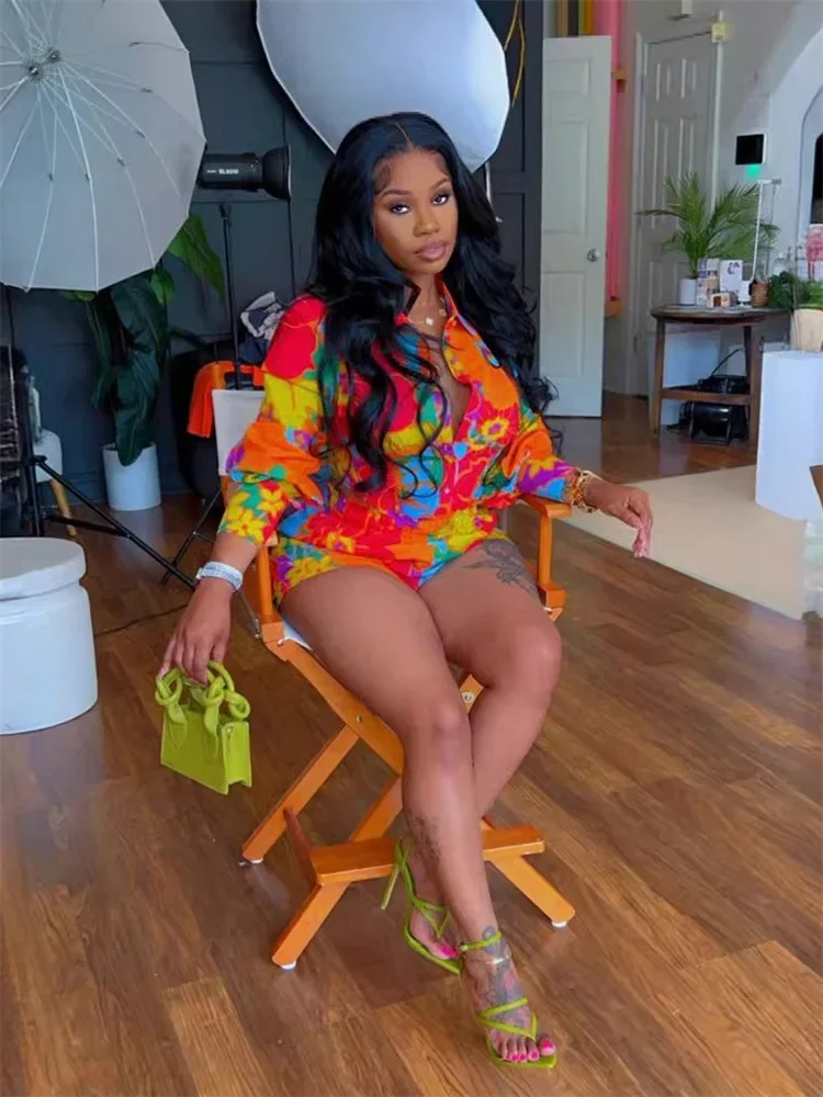 Wmstar 2 Piece Sets Women Outfit Flower Random Print Long Sleeve Shirt and Shorts Set  Two Piece Wholesale Dropshipping 2025