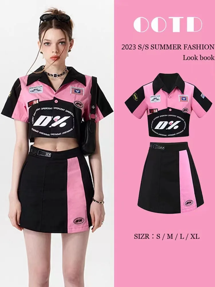 Suit Y2K Vintage Sweet Cool Wind Motorcycle  Women'S Short Print Baseball Uniform + Skirt Skirt Hip Skirt Sexy Wear Two-Piece Se