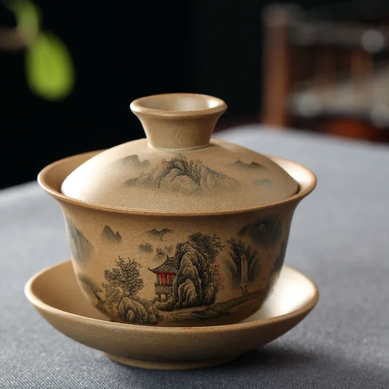 Hand-painted Landscape Gaiwan Ceramics Tea Bowl with Saucer Lid Kit Master Tea Tureen Teaware Drinkware 150ml
