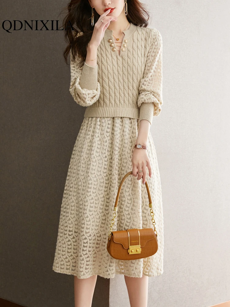 

Womens Dresses Fake Two Piece Knitted Dress Autumn Winter Woman Clothing New in V-neck Long Sleeve Mid Length Temperament Skirt