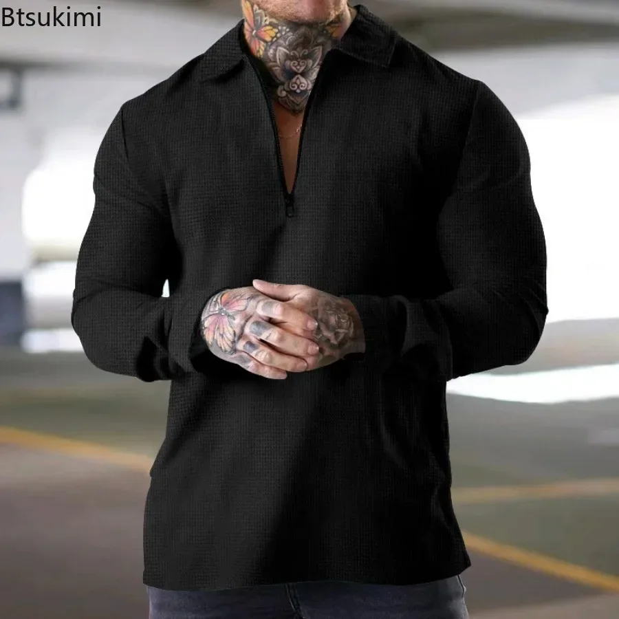 Nuove Polo a Maniche Lunghe da Uomo, Comode e Traspiranti, in Tessuto Waffle, T-shirt Tinta Unita, Moda con Mezza Zip e Colletto, Casual, per Golf e Sport - immagine 4