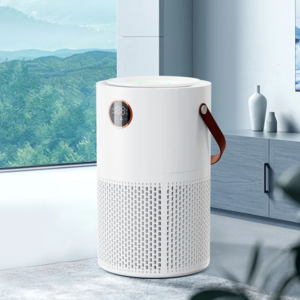 Détail du filtre HEPA et charbon actif du purificateur d'air portable AP08, montrant les couches de filtration.
