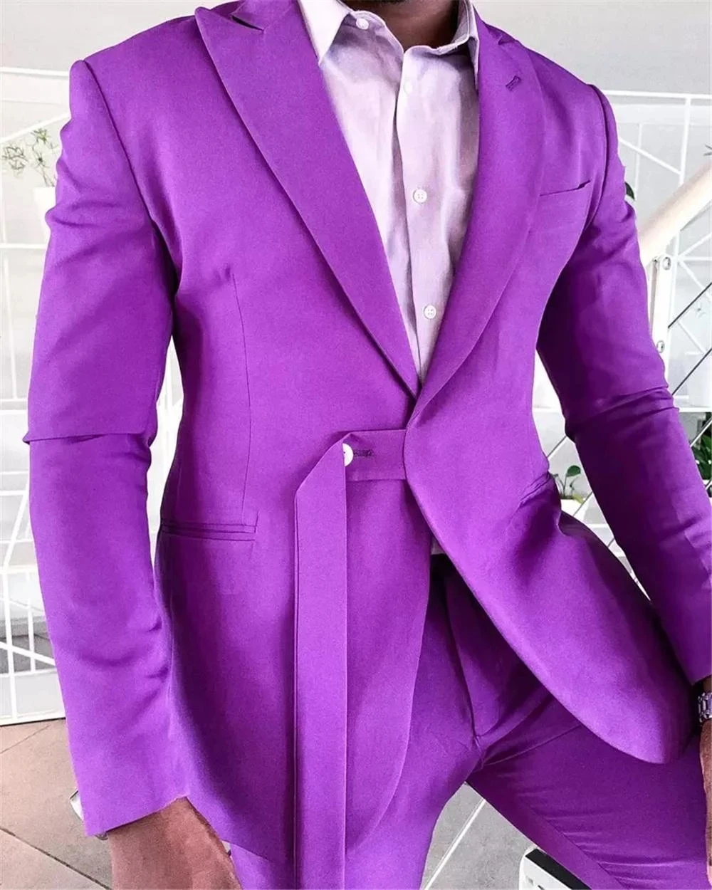 Latest Design Purple Men Suit With Belt Costume Homme Wedding Prom Terno Masculino Slim Groom Tuxedos Blazer 2 Pc Jacket+Pant