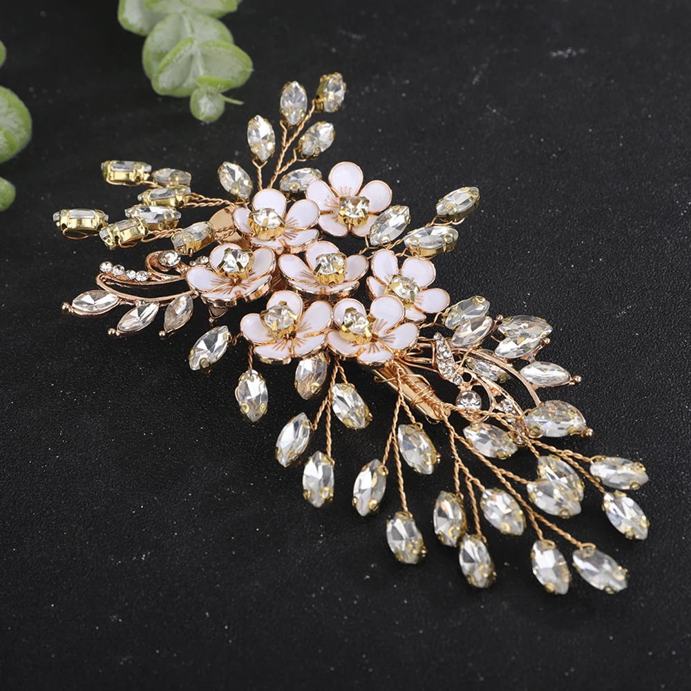 Trendy Silver Rhinestone Bridal Hair Clip Gold Flowers Wedding Hair Accessories Jewelry Handmade Party Headpiece for Women Tiara