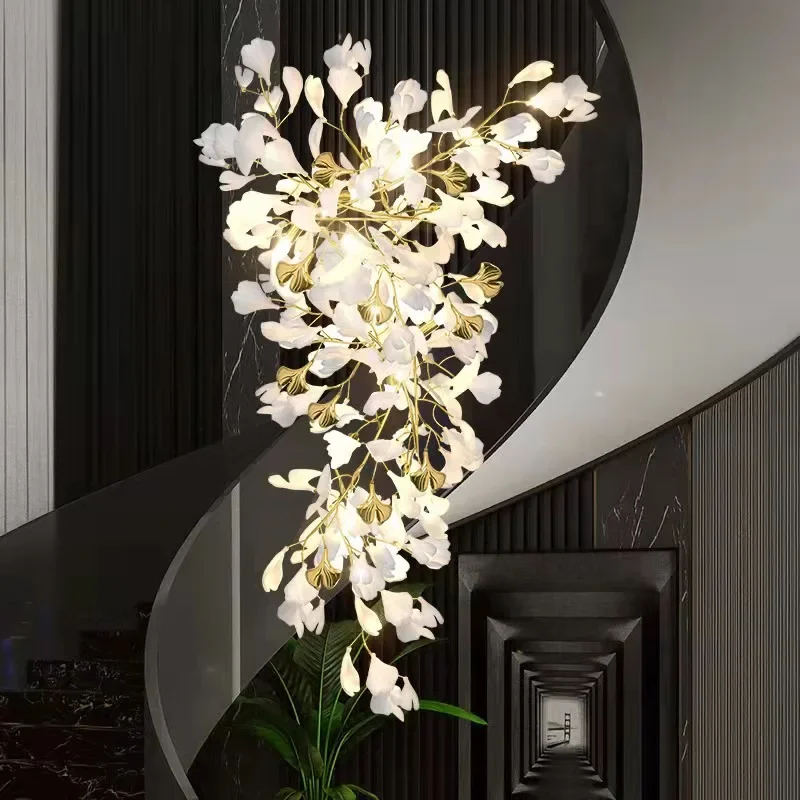 

Luxury Ceramic Chandelier for Living Dining Room Ginkgo Branch Leaves Pendant Light Modern Copper Art Villa Study Bedroom Lamp