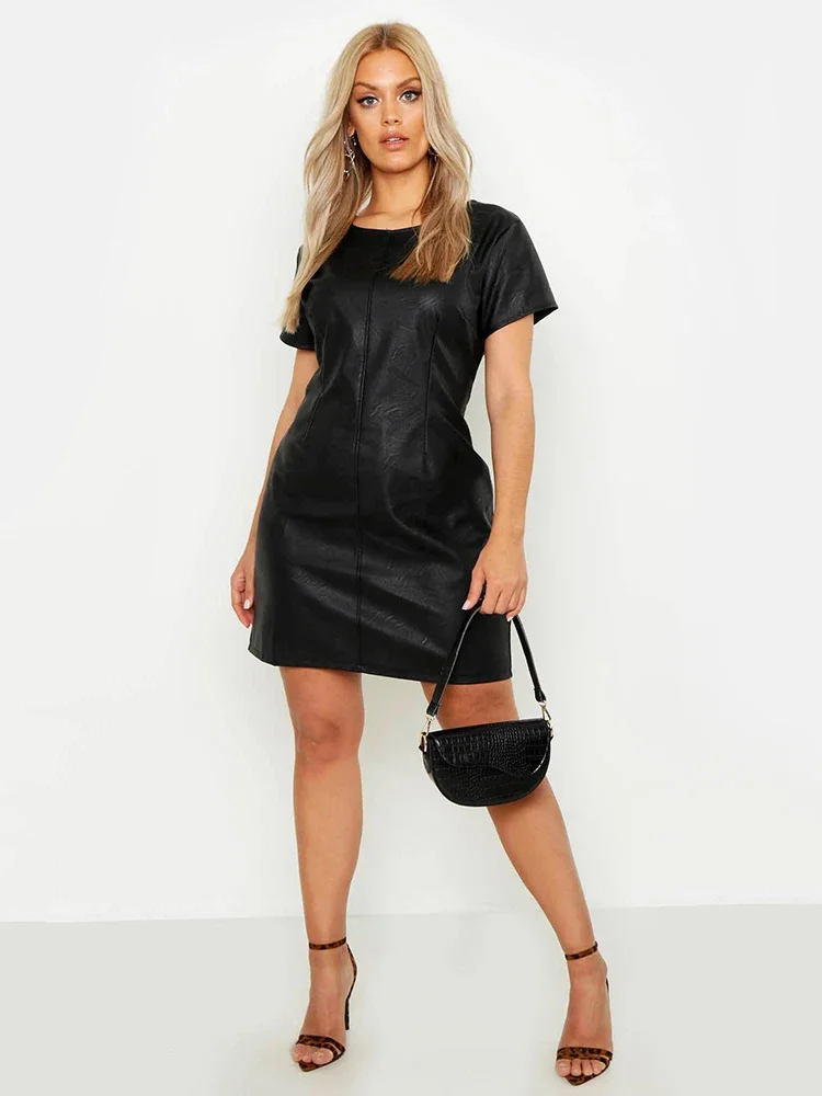 

Women Black Matte Leather Mini Dress Elegant Short Sleeve Splicing Dress Party Ladies Summer Casual Stretch PU Dress Clubwear