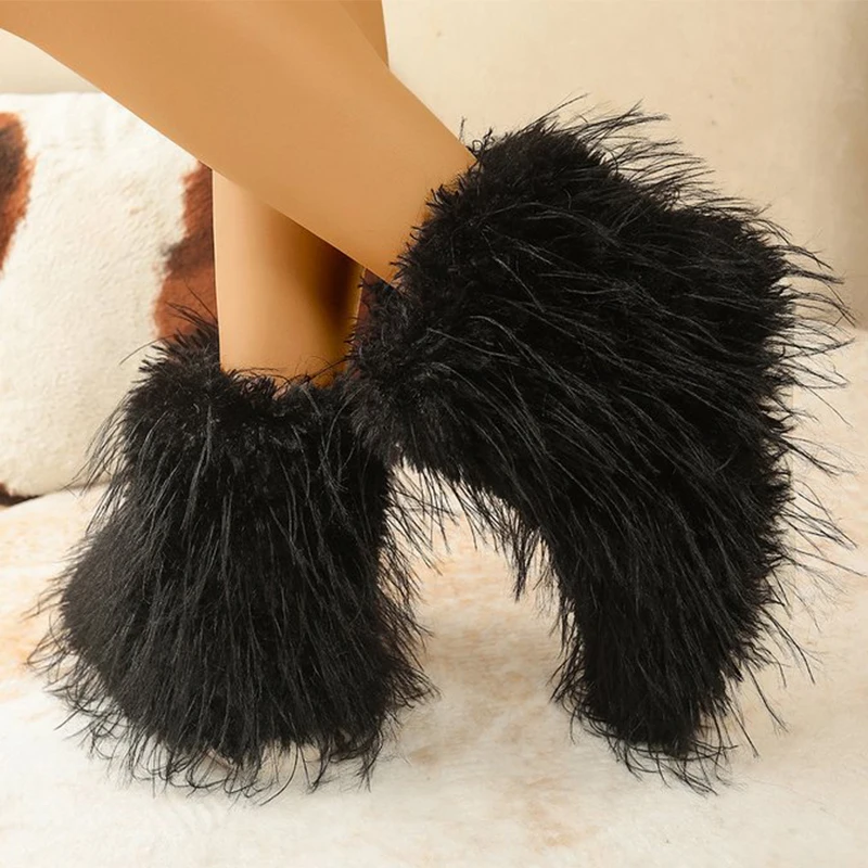 Y2K Fluffy Snow Boots for Women Outdoor Lightweight Thick Sole Plush Boots Woman Soft Faux Fur Warm Round Toe Cotton Shoes Lady - Image 5