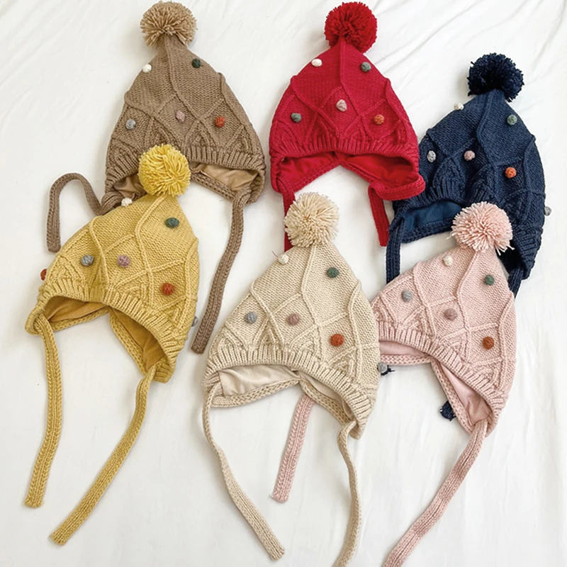 

Корейский Зимний милый детский головной убор с шариками для девочек теплый вязаный головной убор Детская клетчатая вязаная Повседневная шапка хлопковые шапки на шнуровке для младенцев