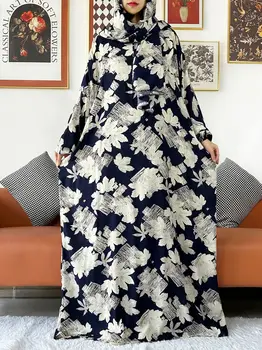 2024 Muslim Floral Cotton Lady Abaya Ramadan Prayer Garment Dubai Turkey Middle East Femme Robe Loose African Dress Turban Joint 1