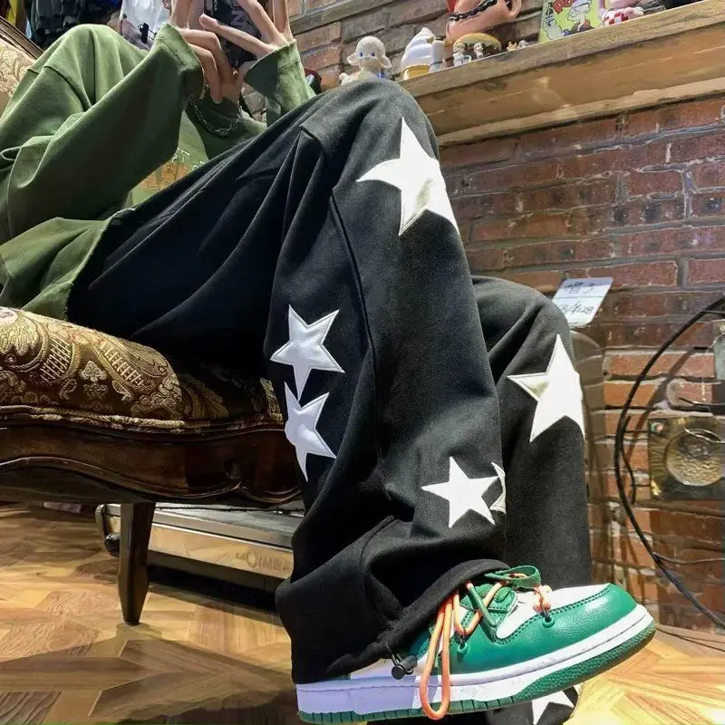 Spring Autumn Printing Wide Leg Trousers Man High Street Casual Loose Pockets Patchwork Drawstring Korean Style Straight Pants