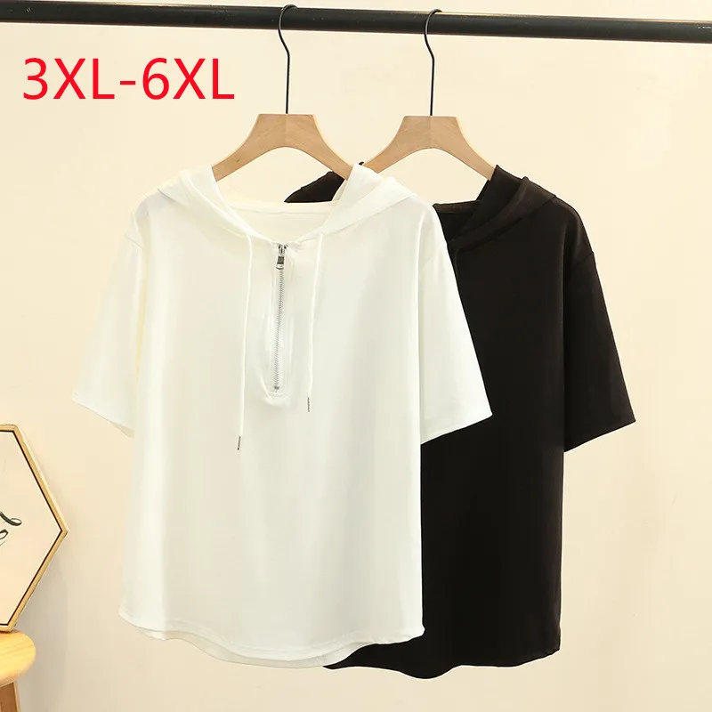 

Large Womens 2022 summer new slim drawstring zipper high stretch short sleeve Plus Size Hoodie 3XL 4XL 5XL 6xl