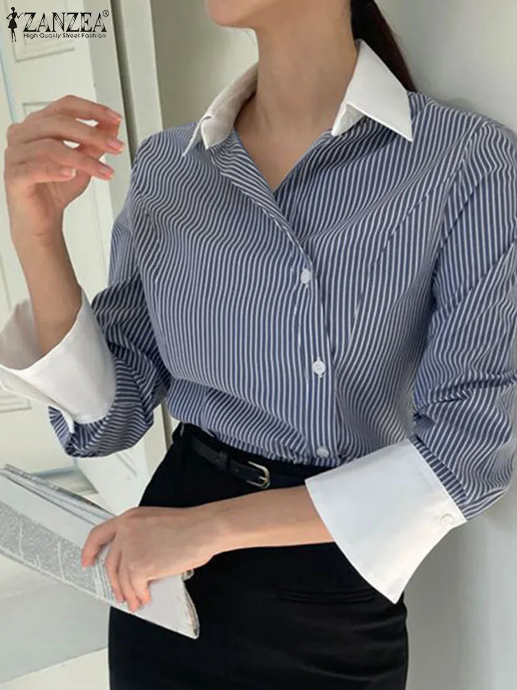 

ZANZEA Autumn Women Long Sleeve Striped Shirts Stylish Tunic Tops Elegant V-Neck Button Up Blouse Casual Work Holiday Blusas