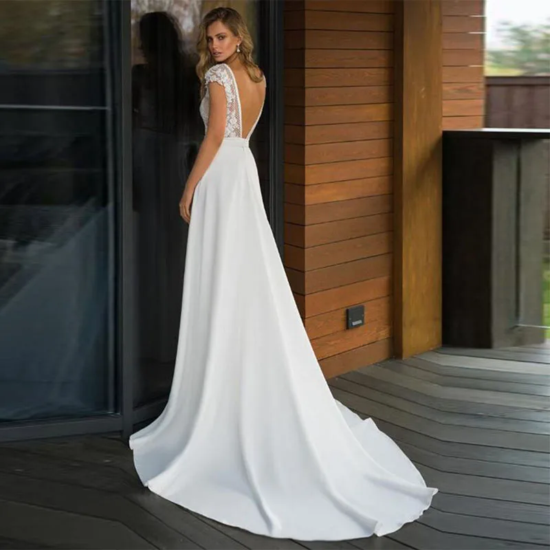 dresses for wedding Boho Deep V-Neck Satin Wedding Dress 2022 Elegant Lace Appliques A-Line Cap Sleeves Floor Length Backless Bridal Gown Plus Size affordable wedding dresses