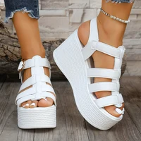 Roman Style Women's Wedge Heel Sandals Thick Bottom Buckle Strap Gladiator Sandals Woman Summer White Chunky Platform Sandalias - Image 2