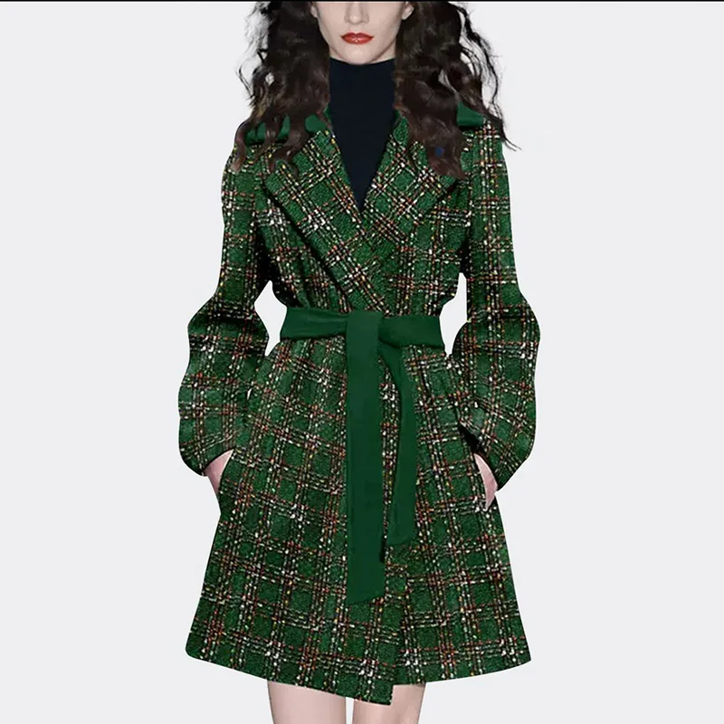 

New Lace-Up Woolen Coat Women Long Fall Winter 2023 Fashion Tweed Plaid Double-Sided Cashmere Jacket Female Slim Street Overcoat